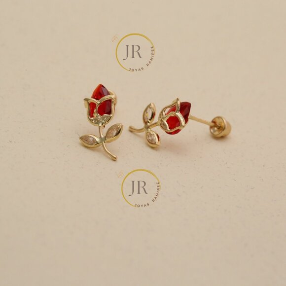 14K Solid Yellow Gold Red Tulip Stud Earrings • Floral Elegance & Passion. - Picture 4 of 10